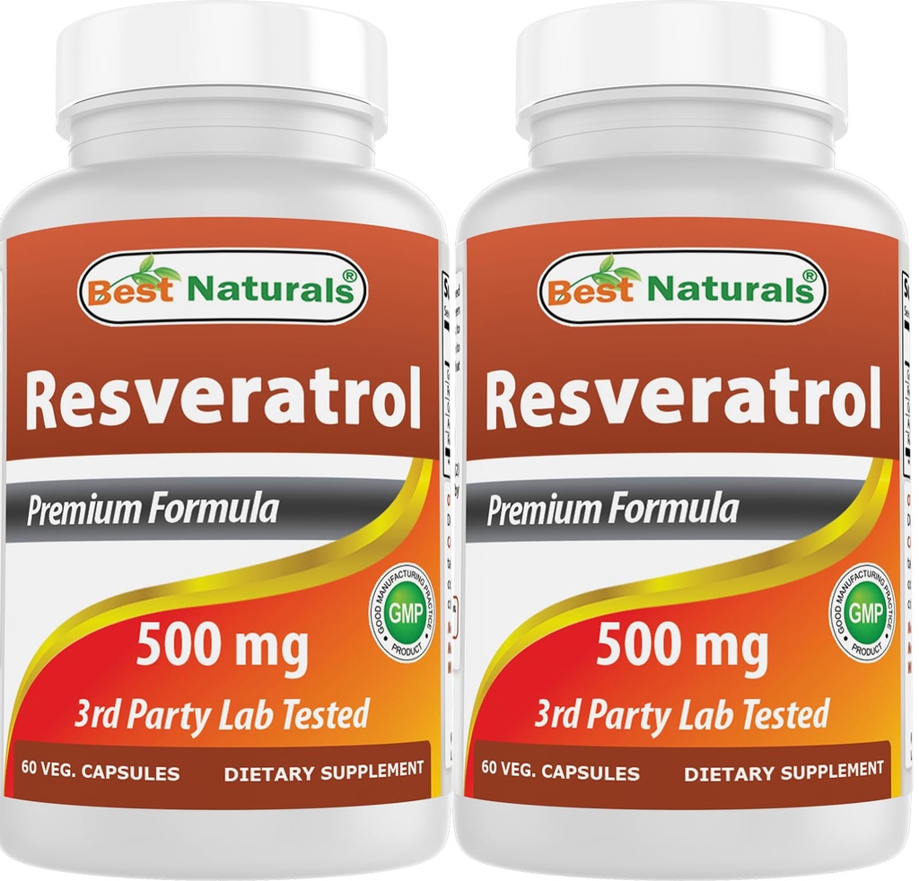 Bedste Naturals 2 Pakker Resveratrol Complex 500 mg 60 Veg kapsler Lavet med Grape Hud, Rød Vin, Quercetin - Gluten Free & Non GMO - (Total 120 kapsler)
