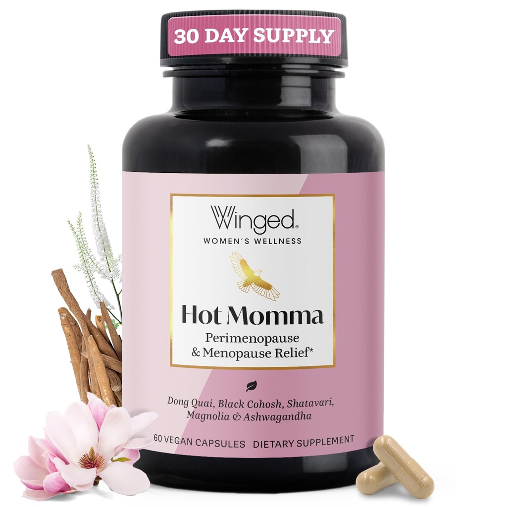 Vinged Wellness Hot Momma Menopause Kosttilskud til kvinder - Hormon-Free Menopause Relief Support til Hot Flashs & Night Sweats med Chaste Tree Berry, Multivitaminer & mere - 60 Veganske kapsler
