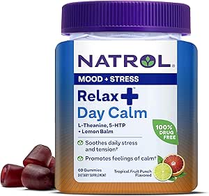 Natrol Mood + Stress Slap af + dag rolig gummier for lejlighedsvis stress, Tropical Fruit Punch, 60 Greve, 60 Day Supply