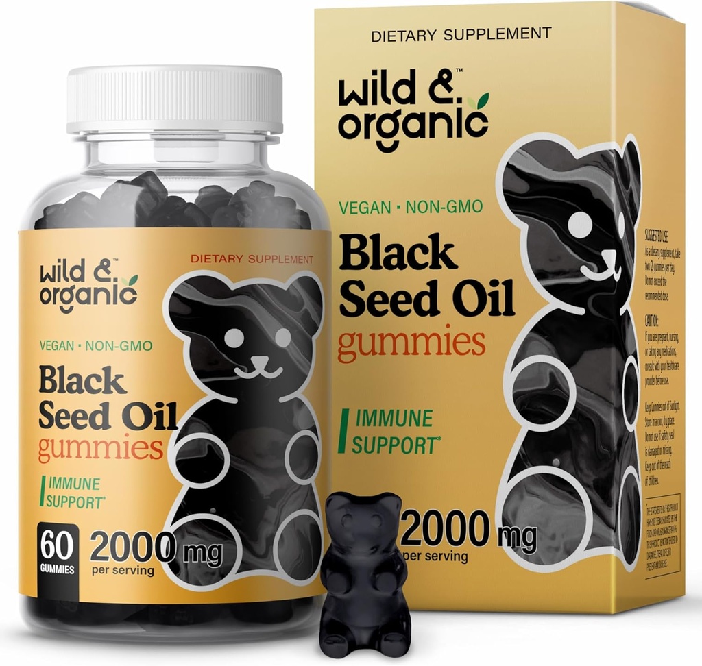 Wild & Organic Black Seed Oil Gummies 2000mg - Hår hud og negle Support w / Cumin Oil - Nigella Sativa - Black Seed Gummies for Immunity - 60 Omega 3 6 9 Chews