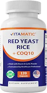 Vitamatic Citrinin-Free Red Yeast Rice 1200 mg. Capsules with CoQ10 100mg, Flush Free Niacin 100mg, & Garlic Powder 20mg - 120 Veg Capsules