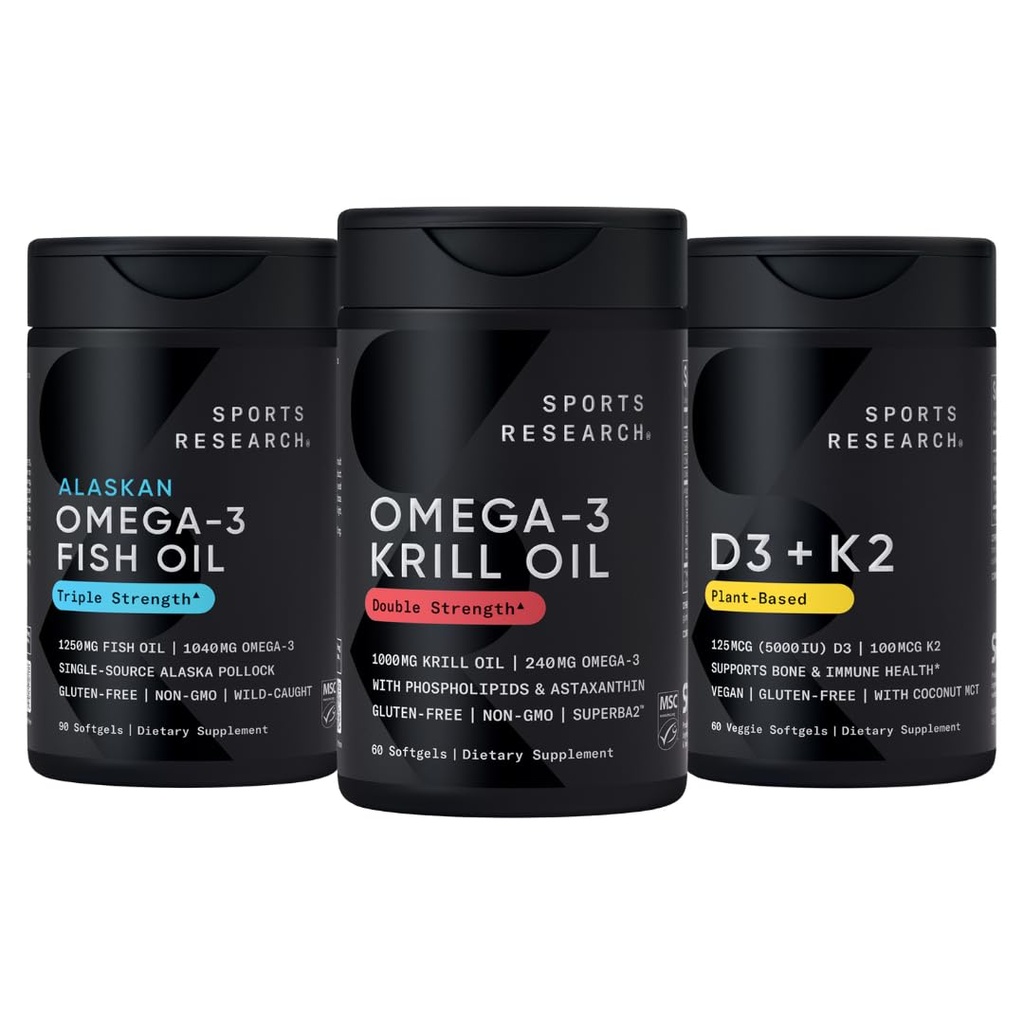 Sports Research Antarktiske Krill Oil Omega 3 1000mg (Dobbelt Styrke) med fosfolipider, Cholin & Astaxanthin, Triple Styrke Omega 3 Fish Oil Single- Source Wild Alaska Pollock 1250mg, Vitamin D3 K2