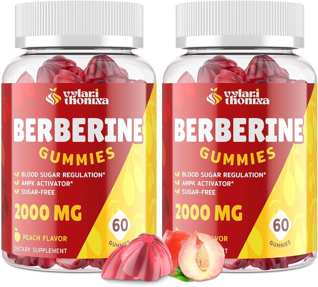 2000mg Berberine Supplement Gummies - High Potency Berberine med Ceylon Cinnamon Candy, gurkemeje, Magnesium, Chrom - Sugar Free, Vegan, Non- GMO, Gluten- Free - Peach Flavor 60 Gummies - 2 Pack