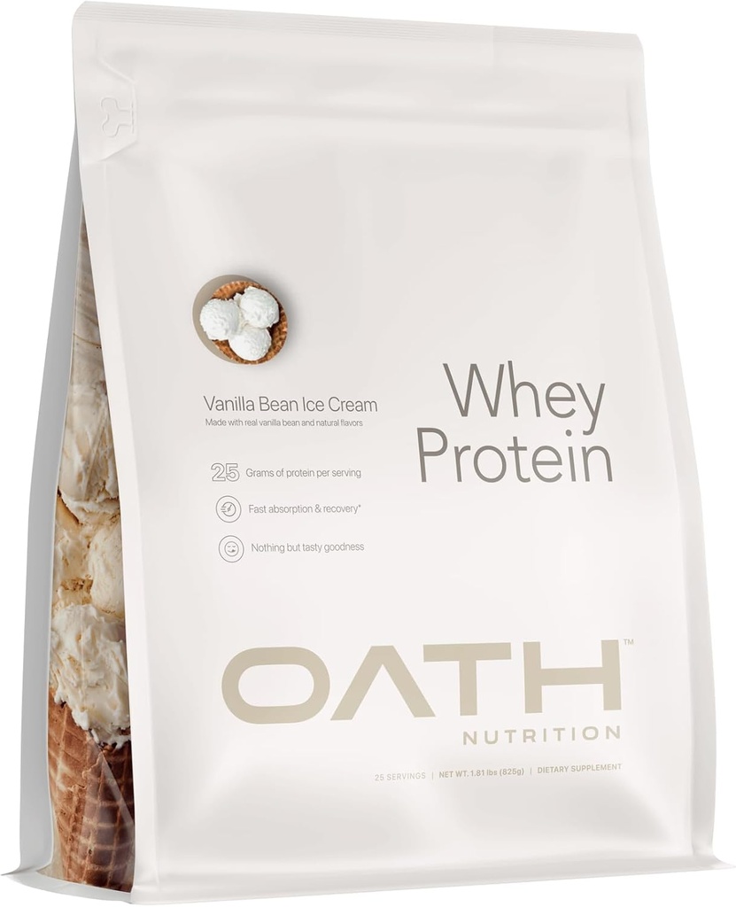 OATH NUTRITION Whey Protein Powder, Vanilla Bean Ice, 25 Gram Protein og kun 1 Gram sukker per servering, 2 lbs, 25 Servere