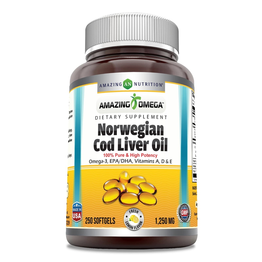 Amazing Omega Norwegian Cod Lever Oil 1250 Mg Softgels Supplements 124; Omega-3, EPA, DHA, Vitamin A, Vitamin D & Vitamin E (Lemon124; 250 Greve)