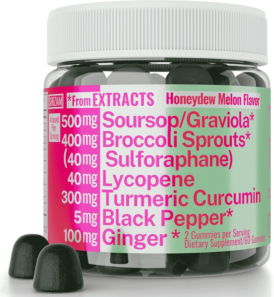 Soursop Graviola Curcumin Lycopene Broccoli Spruts Sulforaphane Extract Gummies med gurkemeje Ginger Black Pepper, Sour Sop Guyabano Leaf supplement, Chew Chewable Pills Kapsler Kosttilskud