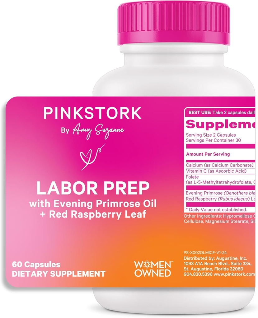 Pink Stork Labor Prep tillæg - Aften Primrose Oil & Red Raspberry Leaf til tredje trimester, Gentle Labor & Postpartum Support, Graviditet & Amning Safe, 60 Veganske kapsler