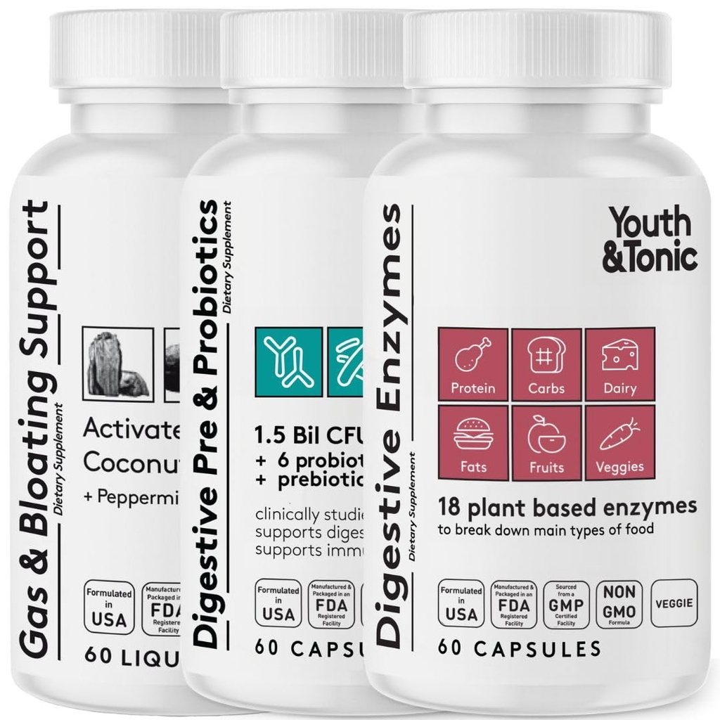 Unge & Tonic fordøjelse Mavestøtte & Detox for regelmæssighed, Gas & Bloating & Gut Sundhed. Alle typer fordøjelsesenzymer Probiotika & Prebiotika Charcoal Pebermynte & Organic Coconut Oil 180 Pills
