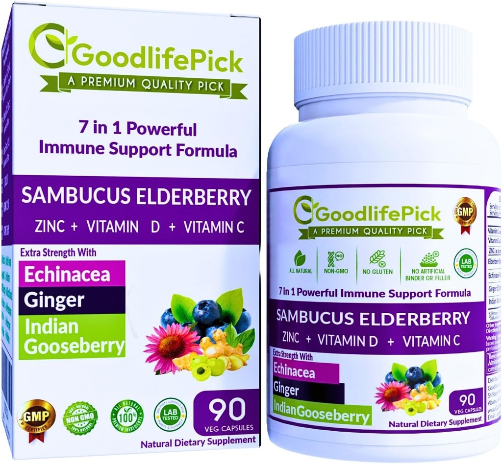 7 i 1 Elderberry med ZINC, C-vitamin, D-vitamin, Echinacea, Ginger & Indian Gooseberry (Amla). Premium Elderberry Capsules 90 ct, All Natural, Non- GMO, Vegan, No Rice Powder, No- Gluten