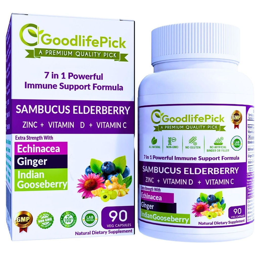 7 i 1 Elderberry med ZINC, C-vitamin, D-vitamin, Echinacea, Ginger & Indian Gooseberry (Amla). Premium Elderberry Capsules 90 ct, All Natural, Non- GMO, Vegan, No Rice Powder, No- Gluten