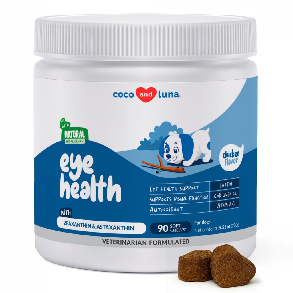 Eye Support til hunde - 90 bløde kokke - Hundetillæg til Vision, Eye Vitamin til hunde, med Cod Lever Oil Antioxidant, Hund Omega tillæg, Omega 3 EPA og DHA fedtsyrer.