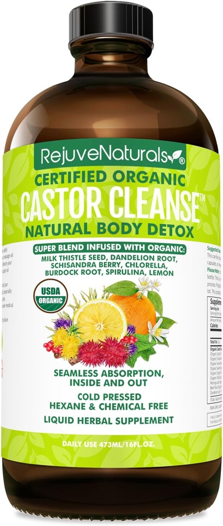 RejuveNaturals Castor Cleanse ™ - USDA Organic Castor Oil, Chlorella, Spirulina, Roots & Greens for Wellness, fordøjelsesstøtte, Daily Balance. 3-måneders levering Gut Cleanse Detox for kvinder & mænd - 16oz.