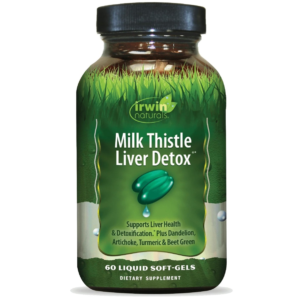 Irwin Naturals Milk Thistle Lever Detox - 60 flydende bløddele - understøtter leversundhed med Mælkebøtte, Artiskok, Gurkemeje & Grøn Beet Root