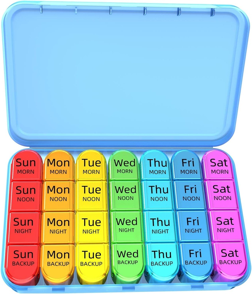 Odaro Weekly Pill Organizer 4 gange om dagen, Daily Pill Box 7 dag, Stor rejse Pill sag med 28 Segment til at holde medicin, Vitamin og tillæg - blå sag