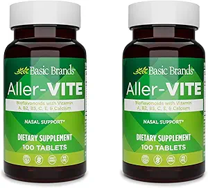 Grundlæggende brands Aller- Vite - Natural Allergy Relief Tablets - Homøopatisk Sinus & Nasal Support med Bioflavonoider, Vitamin A, B2, B5, C, E & Calcium - 100 Vegan Tablets - 2 - Pack