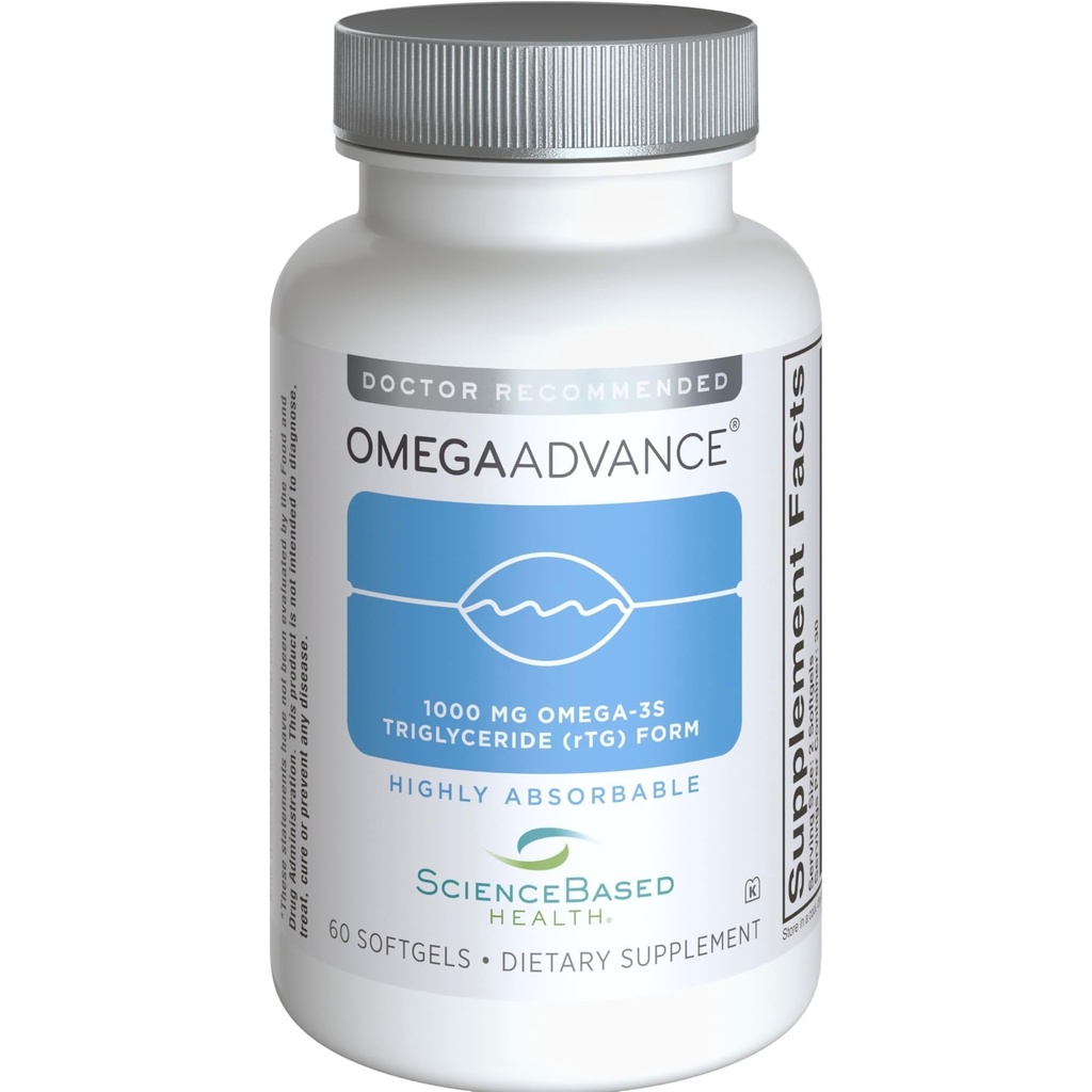 OmegaAdvance Omega-3 Fish Oil - Triglycerid Form med 1000 mg EPA & DHA - Plus Lutein & Zeaxanthin - Understøtter hjerte, hjerne sundhed og øje sundhed - Lemon coated - 60 Softgels