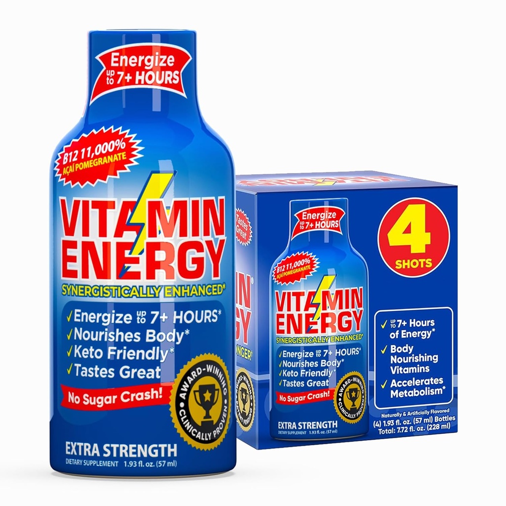 Vitamin Energi B12 11.000% Ekstra styrke Energi Shot Açaí Pomegranate 4 Pack, 260mg Natural Coffein, B12 & B6, Nootropt Focus, Vitality, Zero Sugar, Gluten- Free, Vegan, Kosher, 1.93 fl oz