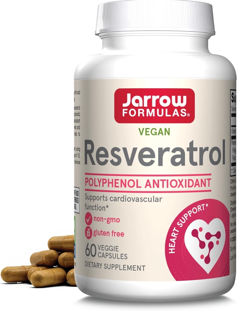 Jarrow Formulas ® Resveratrol 100 mg, Kosttilskud, Antioxidant Support til kardiovaskulær funktion, 60 Veggie kapsler, 60 dages forsyning