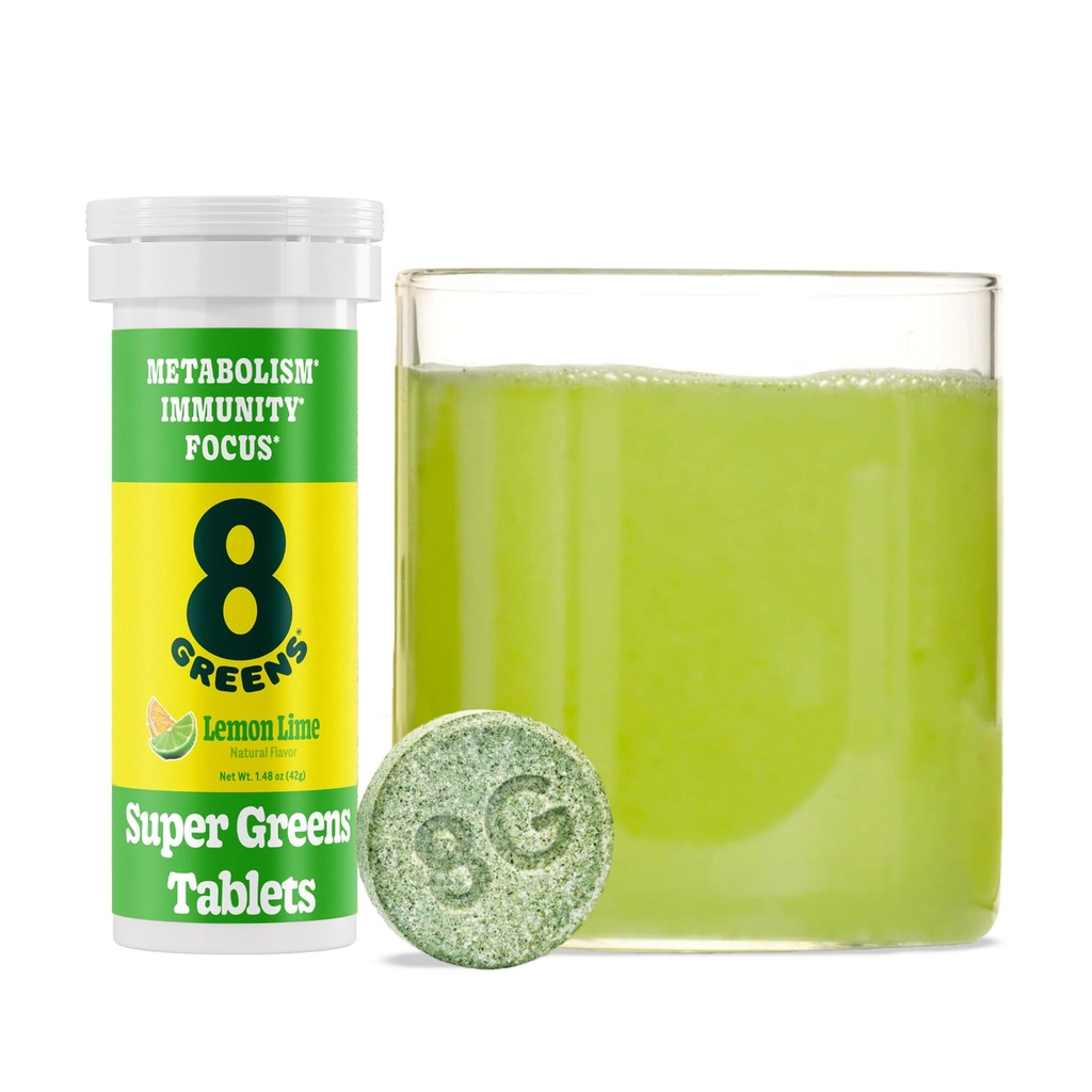 8Greens Supergreens Tablets Б124; Super Green Powder Superfood Tablet, Metabolisme Immunitet & Focus, Daily Green Effervescent Tablets, Organic: Aloe Vera, Spirulina, Chlorella, Lemon Lime, 10 Servere