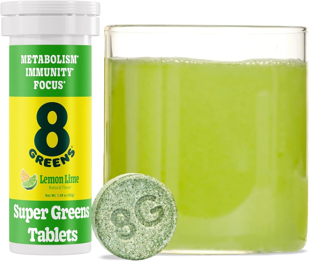 8Greens Supergreens Tablets Б124; Super Green Powder Superfood Tablet, Metabolisme Immunitet & Focus, Daily Green Effervescent Tablets, Organic: Aloe Vera, Spirulina, Chlorella, Lemon Lime, 10 Servere