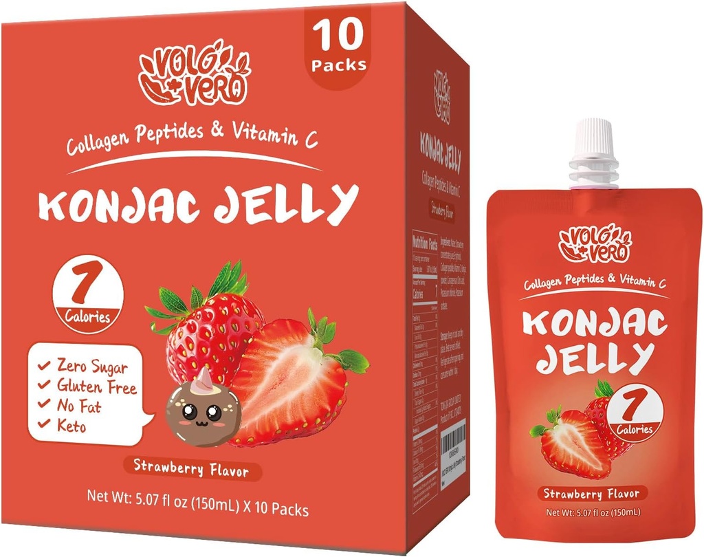 Konjac Jelly Pouch Drinkable Strawberry Flavor, 7 kalorier, Gluten Free, Zero Sugar, Keto, Collagen Peptider og C-vitamin, lav fedt sunde frugt snacks, feriegaver, 10 pakker