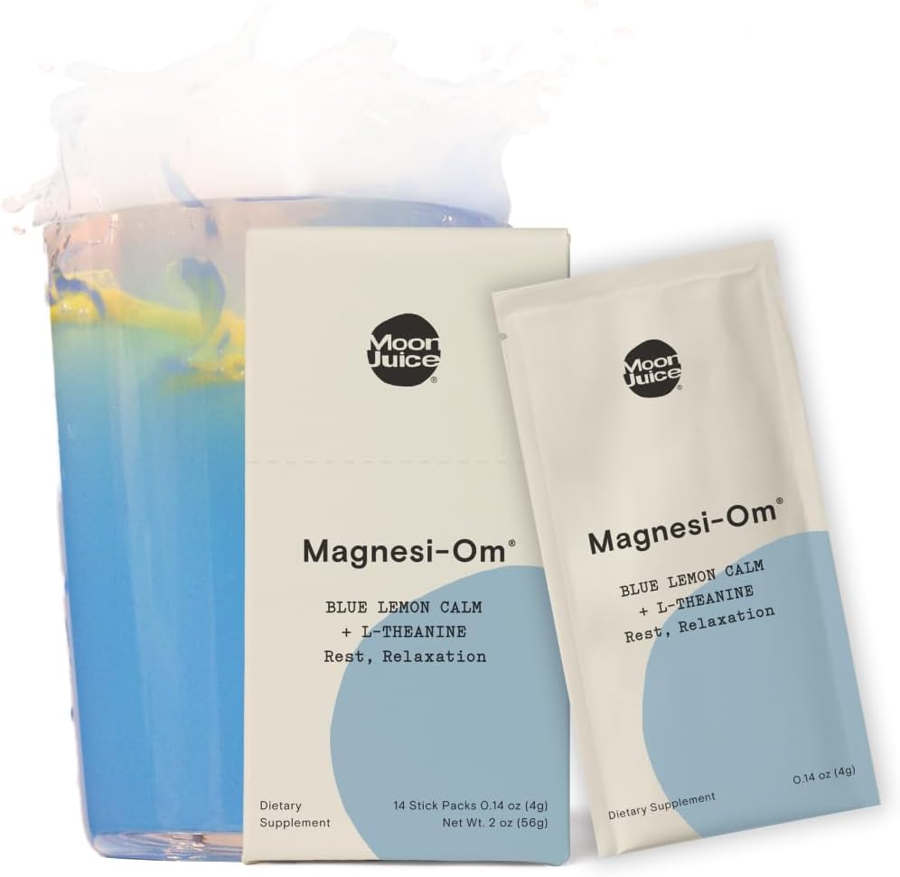 Moon Juice - Magnesi- Om, Blå Lemon - Sticks (18 Servere) - Support Brain Health, Rest - Magnesium Powder - L- Theanine - Regularitet - Komposterbar - 100% sporbar - Vegan, Non GMO - 0,14oz