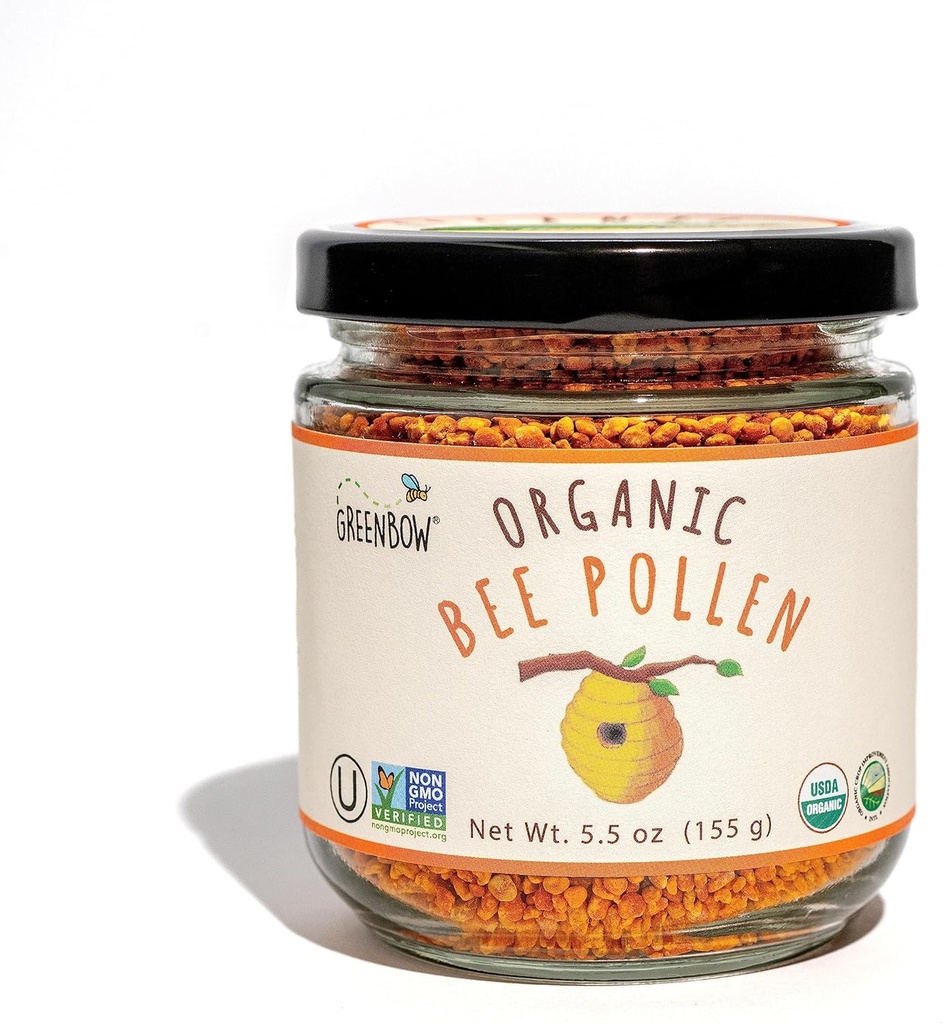 Greenbow Organic Bee Pollen - 100% USDA Certified Organic, Non-GMO, Halal, Kosher Certified, Pure & Natural Bee Pollen - Superfood Packed with Proteins, Vitamins & Minerals - Gluten Free - 155g