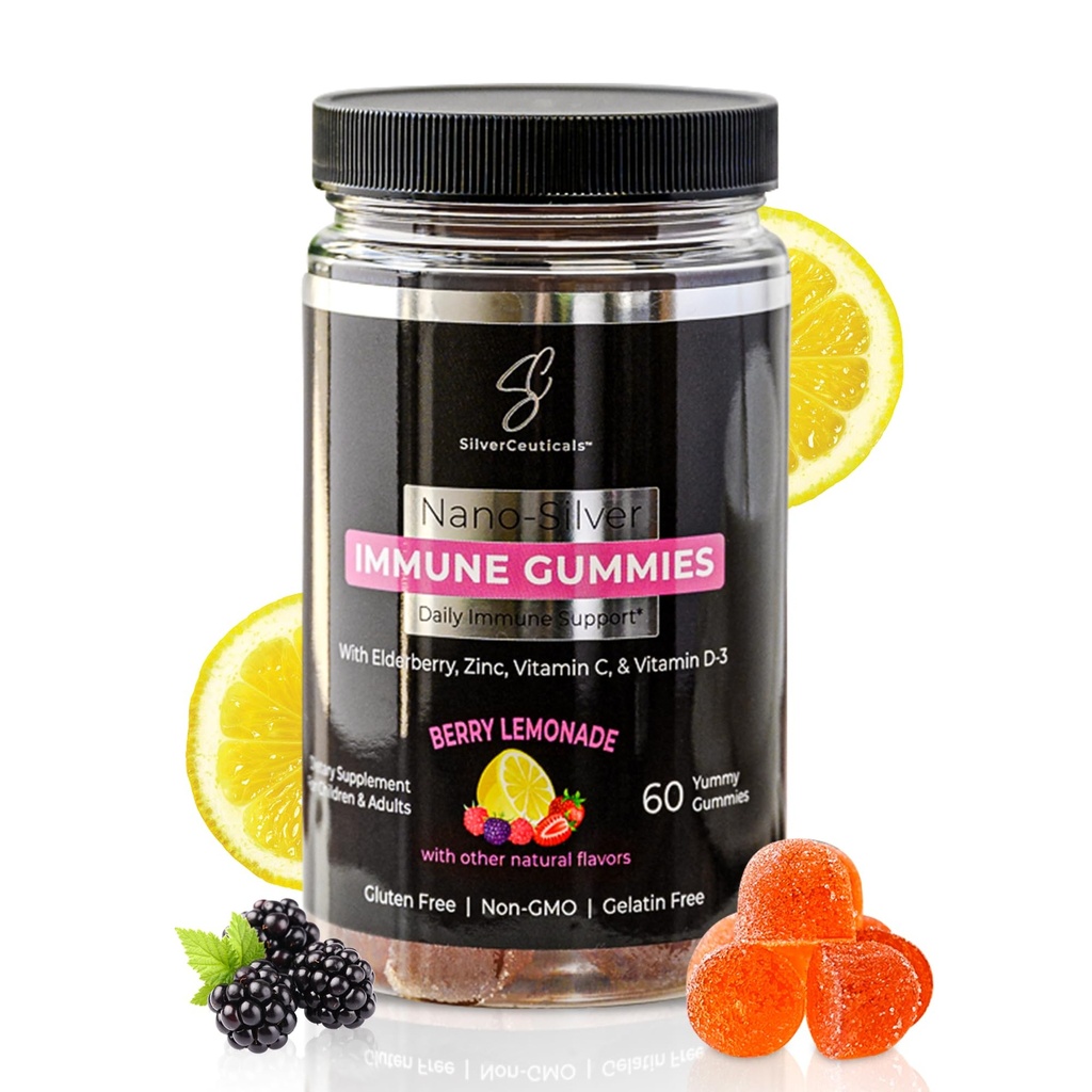 Immun Gummies - Sambucus Elderberry - Vitamin C & D - Zink - Gem dine syge dage - Børn og voksne - Sikker alder 4 & op - Nano kolloid sølv - Gluten & Gelatine Gratis Non- GMO - Berry Lemonade - 60 Greve