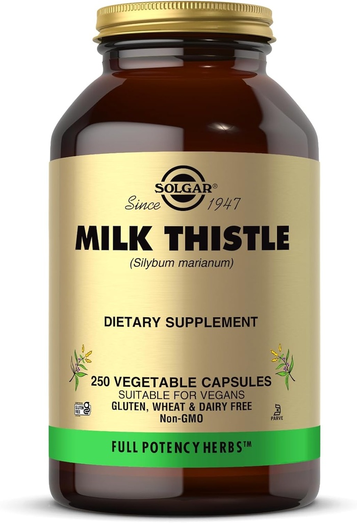 Solgar Milk Thistle - 250 Vegetabilske kapsler - Fuld styrke (FP) - Non- GMO, Vegan, Gluten Free, Dairy Free, Kosher - 250 Servere