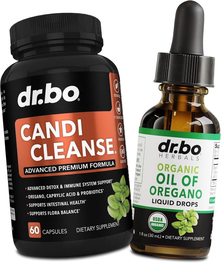 Candi Cleanse & Oregano Oil Drops - Extra Strength Probiotic Complex Cleanser & Organic Liquid - Natural Oral Herbal Captain Capsules & Oil of Oregano Drops Tincture Extract