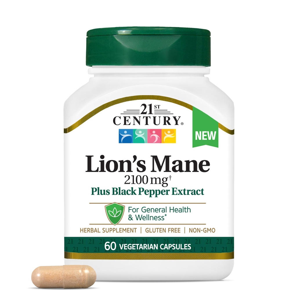 21. århundrede Lions Mane 2,100 mg, Plus Black Pepper Extract, Vegetariske Kapsler, 60 Greve
