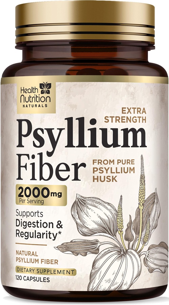 Psyllium Husk Kapsler 1500 mg - Natural Fiber Supplement Pills, Daglig fordøjelse, Colon Health, & Regularity Support, Plant Based Psyllium Husks Powder Caps, Vegan, Non- GMO - 120 Veggie Kapsler