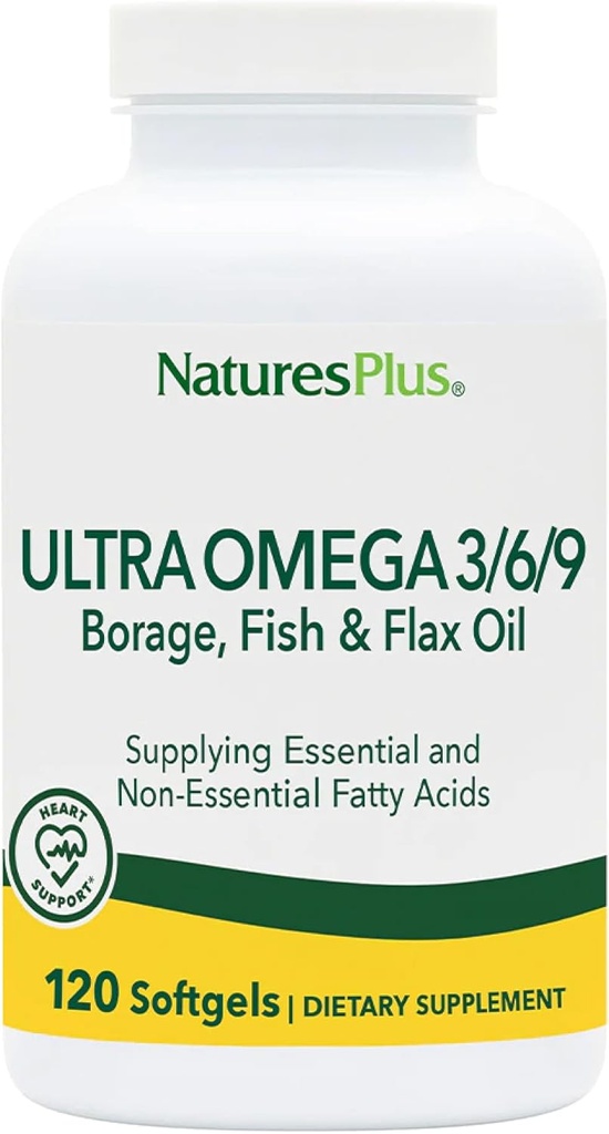 Nature Plus Ultra Omega 3 6 9 - 1200 mg, 120 Softgels - Borage Oil, Fish Oil, Hør Oil Supplement - Gluten- Free - 120 Servere