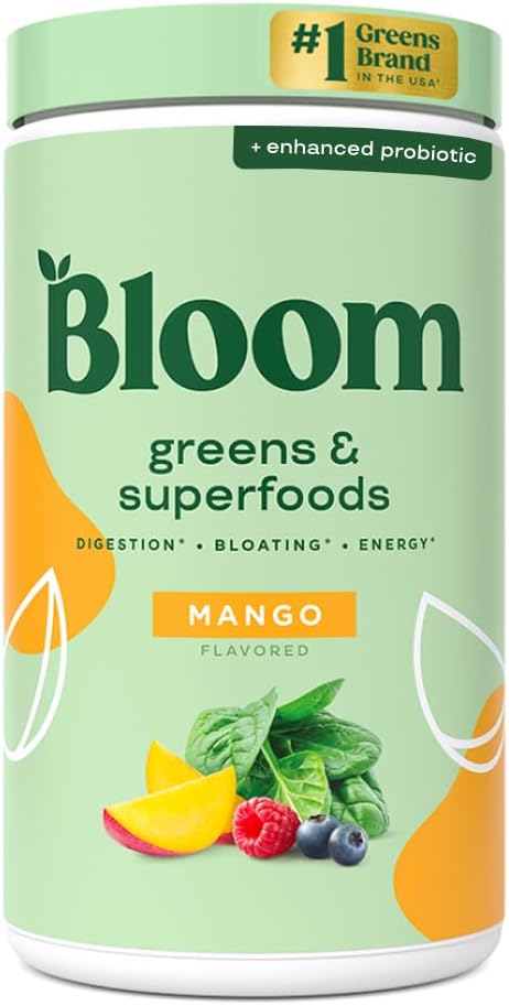 Bloom Nutrition Superfood Green Powder, fordøjelsesenzymer med probiotika og Prebiotika, Gut Health, Bloating Relief for Women, Chlorella, Green Juice Mix med Beet Root Powder, 60 SVG, Mango