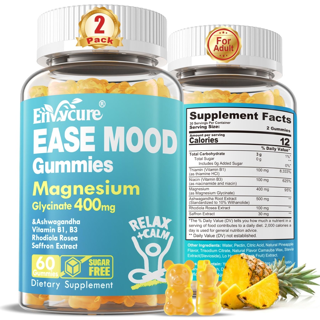 Sugar Free Magnesium Glycinate Gummies 400mg med Ashwagandha, B1, B3, Rhodiola Rosea & Safran til støtte hvile, Mood & Calm Magnesium Gummies for voksne, Chewable Magnesium Supplement, Vegan, 120Ct