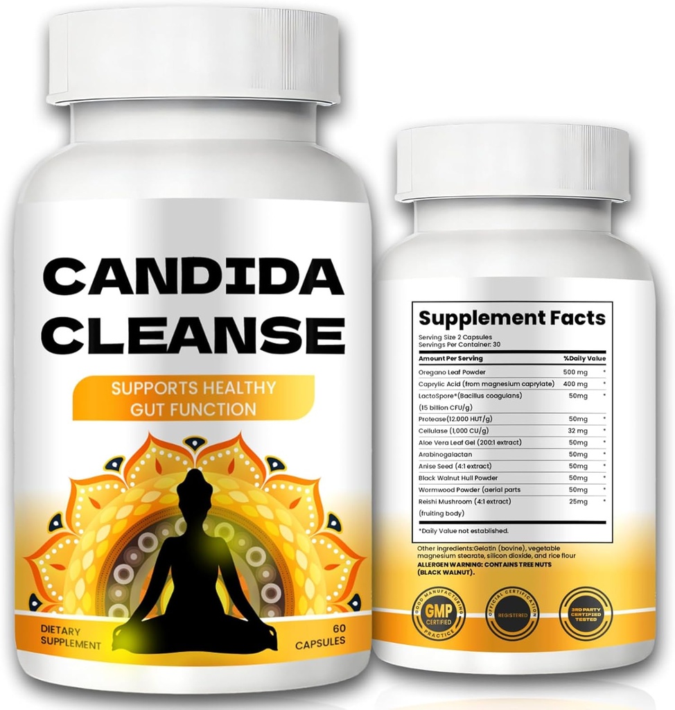 Candida Cleanse - Gut & Colon Support, Advanced Formel - Oregano Leaf, Wormwood, Black Walnut, Captac Acid
