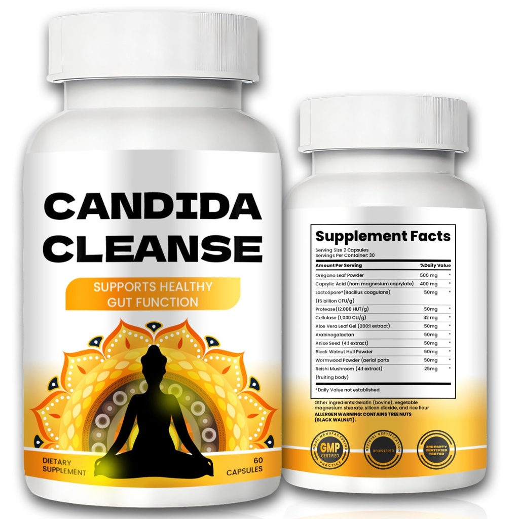 Candida Cleanse - Gut & Colon Support, Advanced Formel - Oregano Leaf, Wormwood, Black Walnut, Captac Acid