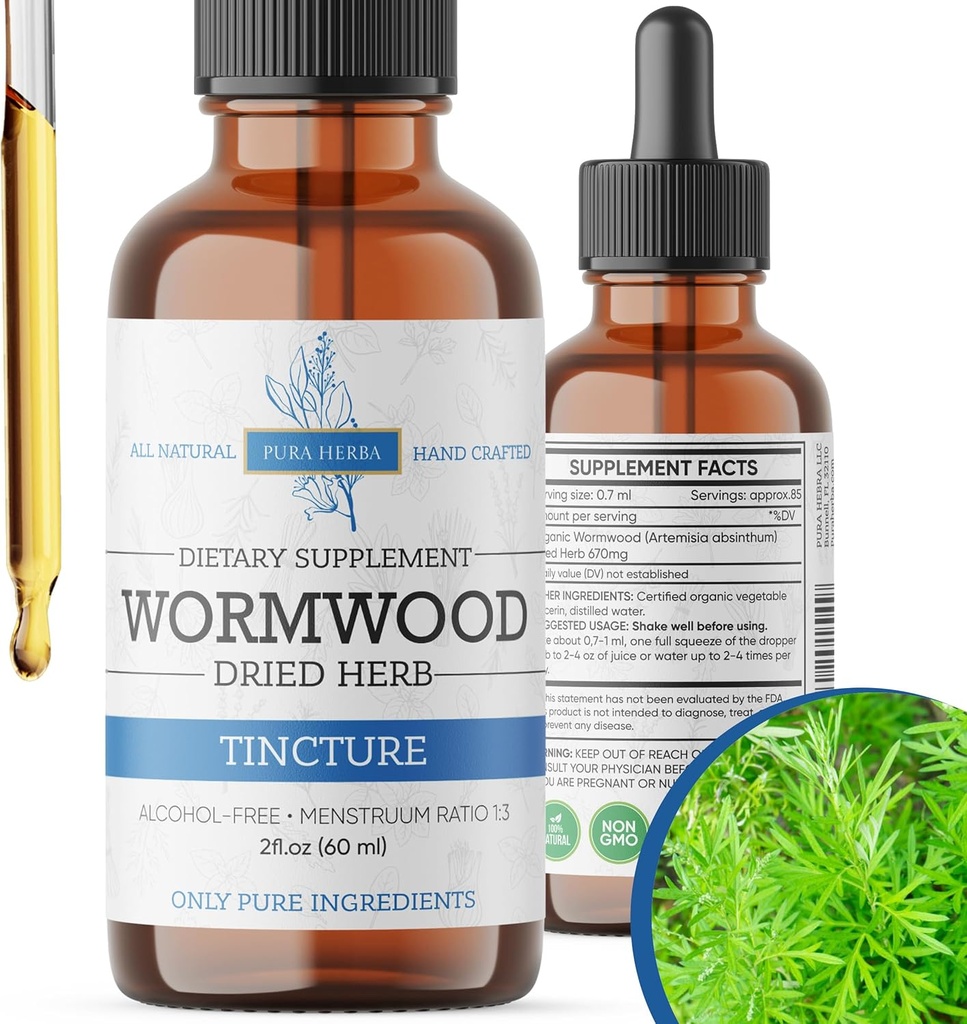 Wormwood Organic Tincture - Urtetilskud til fordøjelsessygdomme og tandtråd - Naturlig rengøring - Alkohol- Gratis, Lavet i USA, 2 Fl Oz