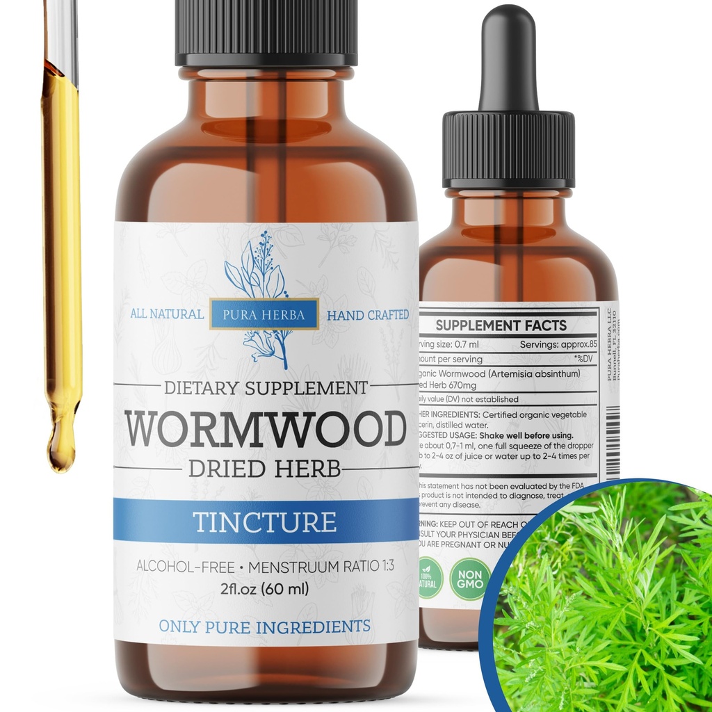Wormwood Organic Tincture - Urtetilskud til fordøjelsessygdomme og tandtråd - Naturlig rengøring - Alkohol- Gratis, Lavet i USA, 2 Fl Oz