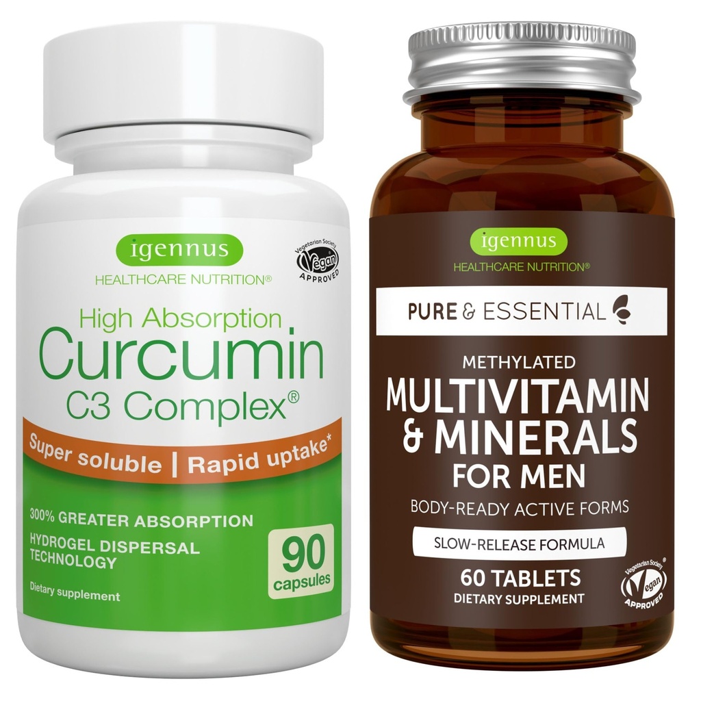 Multivitamin & Minerals for Men + High Absorption Curcumin C3 Complex, Vegan Bundle, Sustained Release Advanced Multivitamin + 300% Greater Absorption Curcuminoids with Rapid Uptake, by Igennus