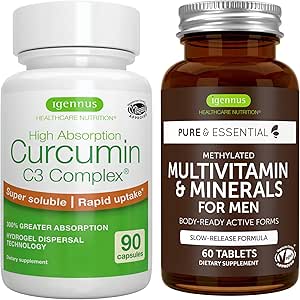 Multivitamin og mineraler til mænd + høj Absorption Curcumin C3 Complex, Vegan Bundle, Sustained Release Advanced Multivitamin + 300% Større Absorption Curcuminoider med hurtig Optagelse, af Igennus
