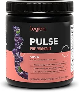 LEGION - Alle naturlige nitrogenoxid Preworkout Drink til Boost Energy, Creatin Free, naturligt sødet, Beta Alanine, Citrulline, Alpha GPC (Grape)