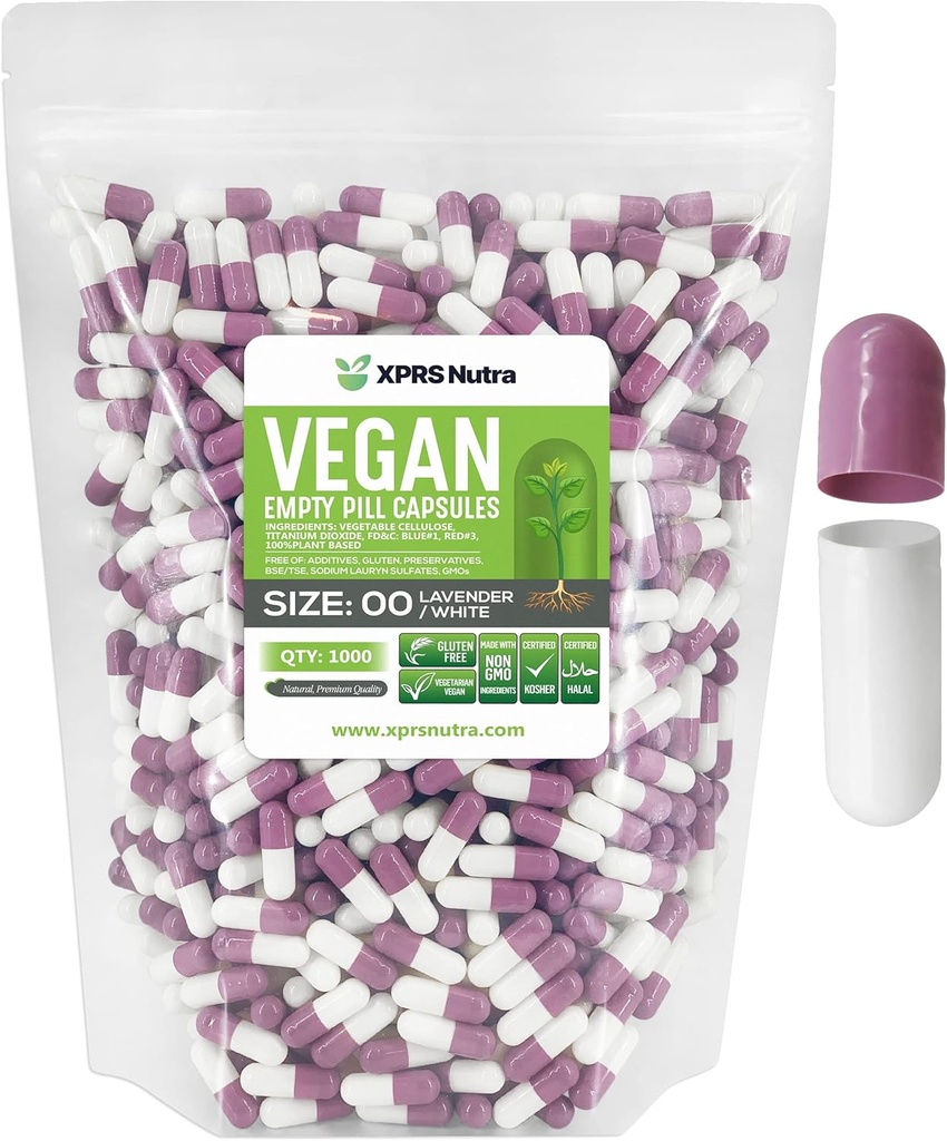 XPRS Nutra Størrelse 00 Tomme kapsler - 1000 Grev Tomme Veganske kapsler - Vegetariske Tomme piller - DIY Vegetabilske Kapsler Filling- Veggie Pill Caps (Lavendel / Hvid)