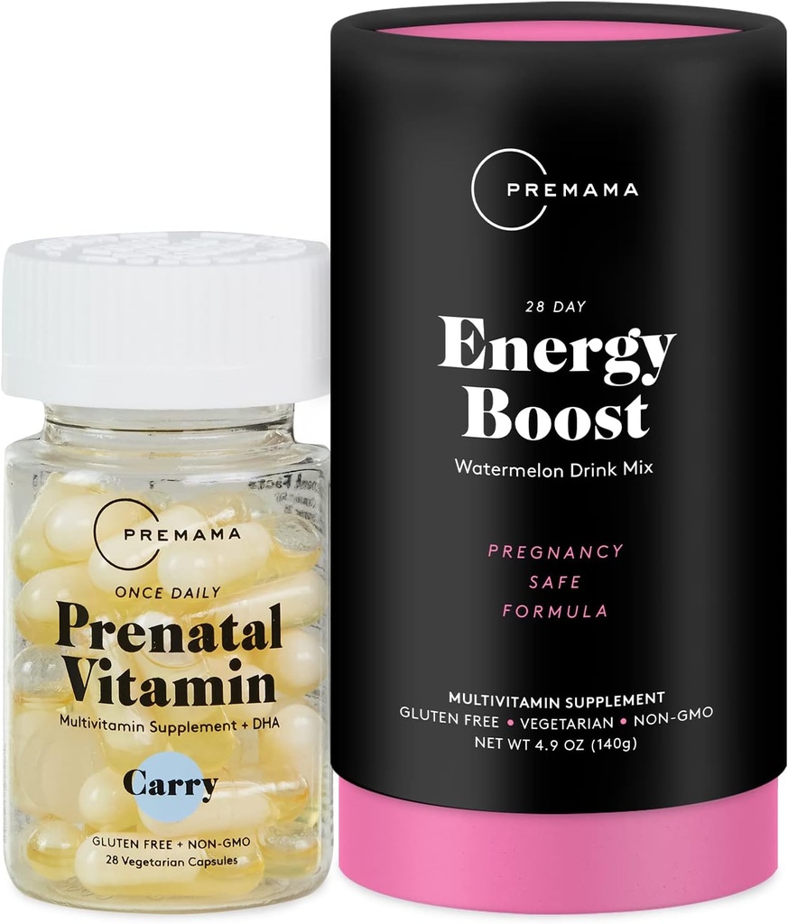 Premama Prenatal Vitamin Energy Boost Drink Mix & Prenatal Support Bundle, Omega 3, B Vitamins, DHA, Folate, 28 Servings