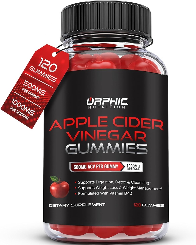 ORPHIC NUTRITION Apple Cider Vinegar Gummies - 1000mg - ACV Vægttab Gummies - Understøtter fordøjelse, Detox & Cleansing - VIT B12, Beetroot - Gomitas de Vinagre de Manzana (120 stk)