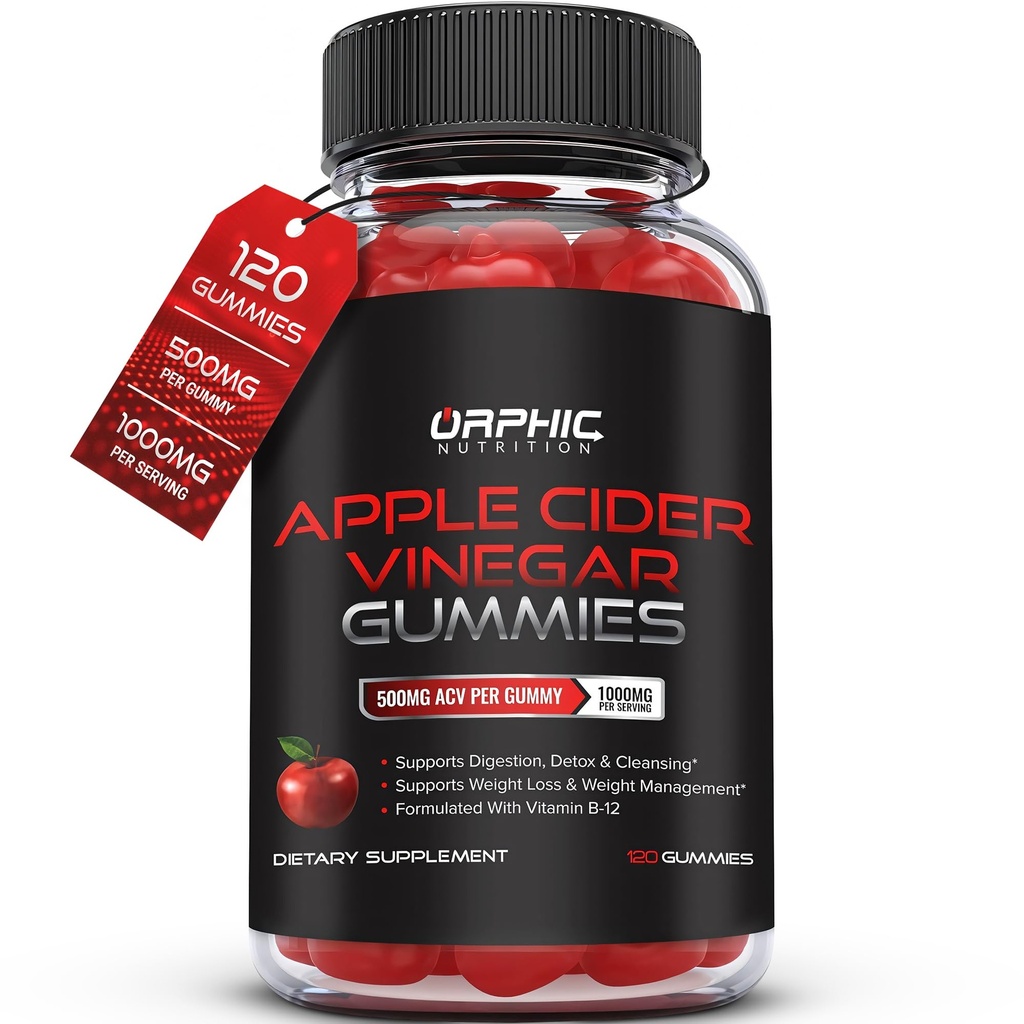 ORPHIC NUTRITION Apple Cider Vinegar Gummies - 1000mg - ACV Vægttab Gummies - Understøtter fordøjelse, Detox & Cleansing - VIT B12, Beetroot - Gomitas de Vinagre de Manzana (120 stk)