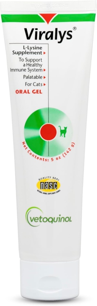 Vetoquinol Viralys Daily L- Lysin Gel til katte og killinger, Maple Flavored Lysin supplement til katte og killinger til støtte immunsundhed, normal øjenfunktion og respiratorisk sundhed, 5oz