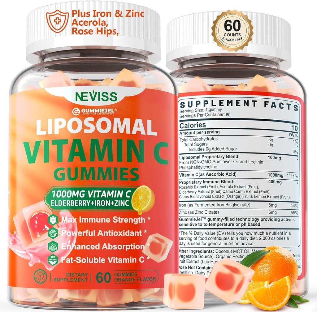 Liposomal Vitamin C 1000mg Gummies til voksne - C-vitamin Chewable 1500mg med 8mg Jern, Zink & Elderberry - immunstøtte, immunbooster supplement - for energi, Collagen Booster, 1Pack Sugar Free