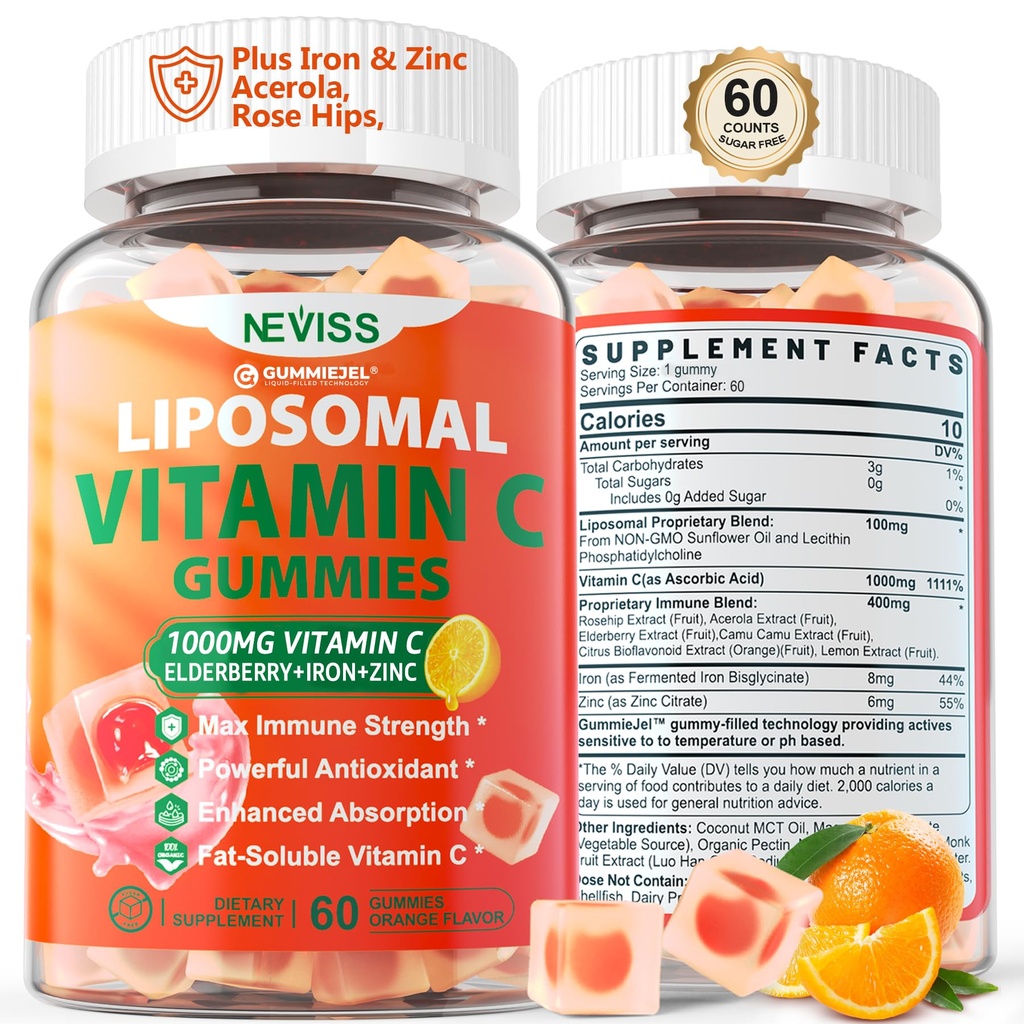 Liposomal Vitamin C 1000mg Gummies til voksne - C-vitamin Chewable 1500mg med 8mg Jern, Zink & Elderberry - immunstøtte, immunbooster supplement - for energi, Collagen Booster, 1Pack Sugar Free