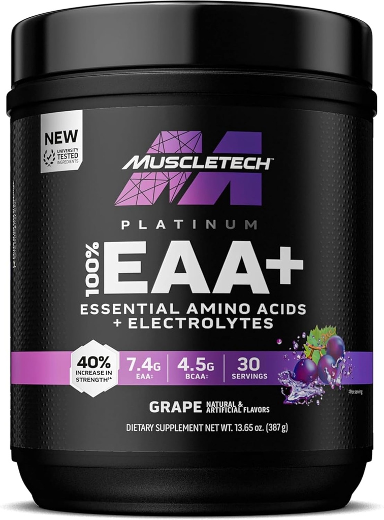 MuscleTech Platinum Essential Aminosyrer tillæg med elektrolyter, Grape - Pre- Workout Powder for Energy, Muscle Growth & Strength Builder - EAA Complex for mænd og kvinder - 30 Servering